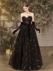 A-Line Tulle Sequin Black Long Prom Dress, Black Sequin Long Evening Dress