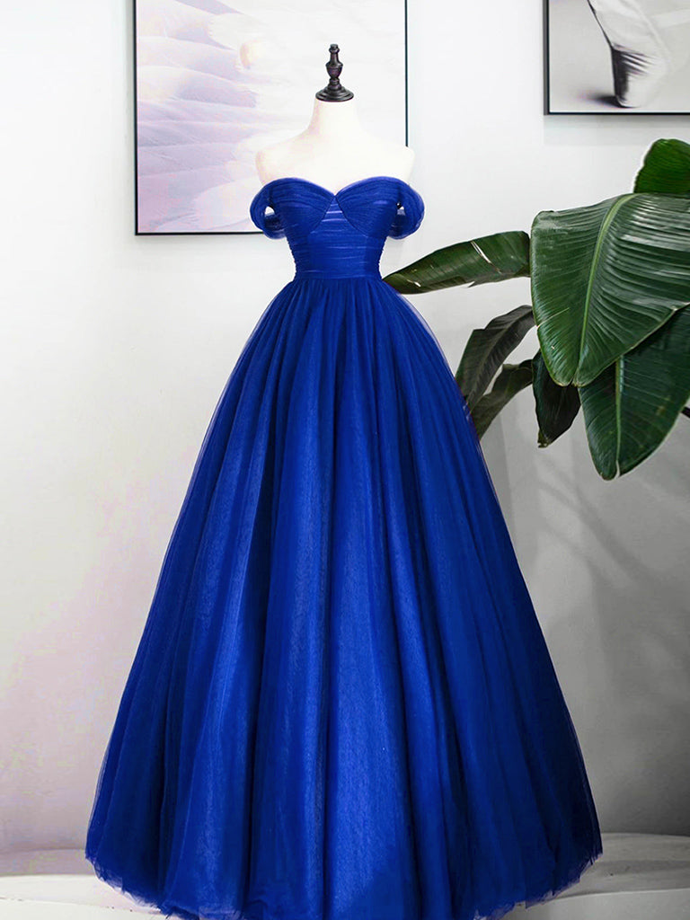 A-Line Sweetheart Neck Tulle Blue Long Prom Dress, Blue Long Formal Dress