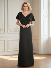Flutter Sleeves Pleated V-neck Sheath Long Dress Black