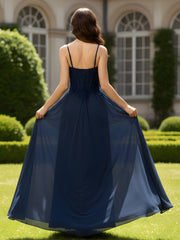 A-Line Floor Length Scoop Neck Chiffon Prom Dress Dark Navy