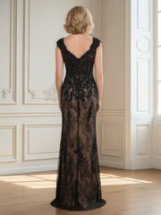 V-neck Beaded Lace Tulle Mermaid Dress With Slit Black