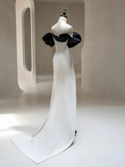 Simple Off Shoulder Satin Black/Beige Long Prom Dress, Black/Beige Long Formal Dress