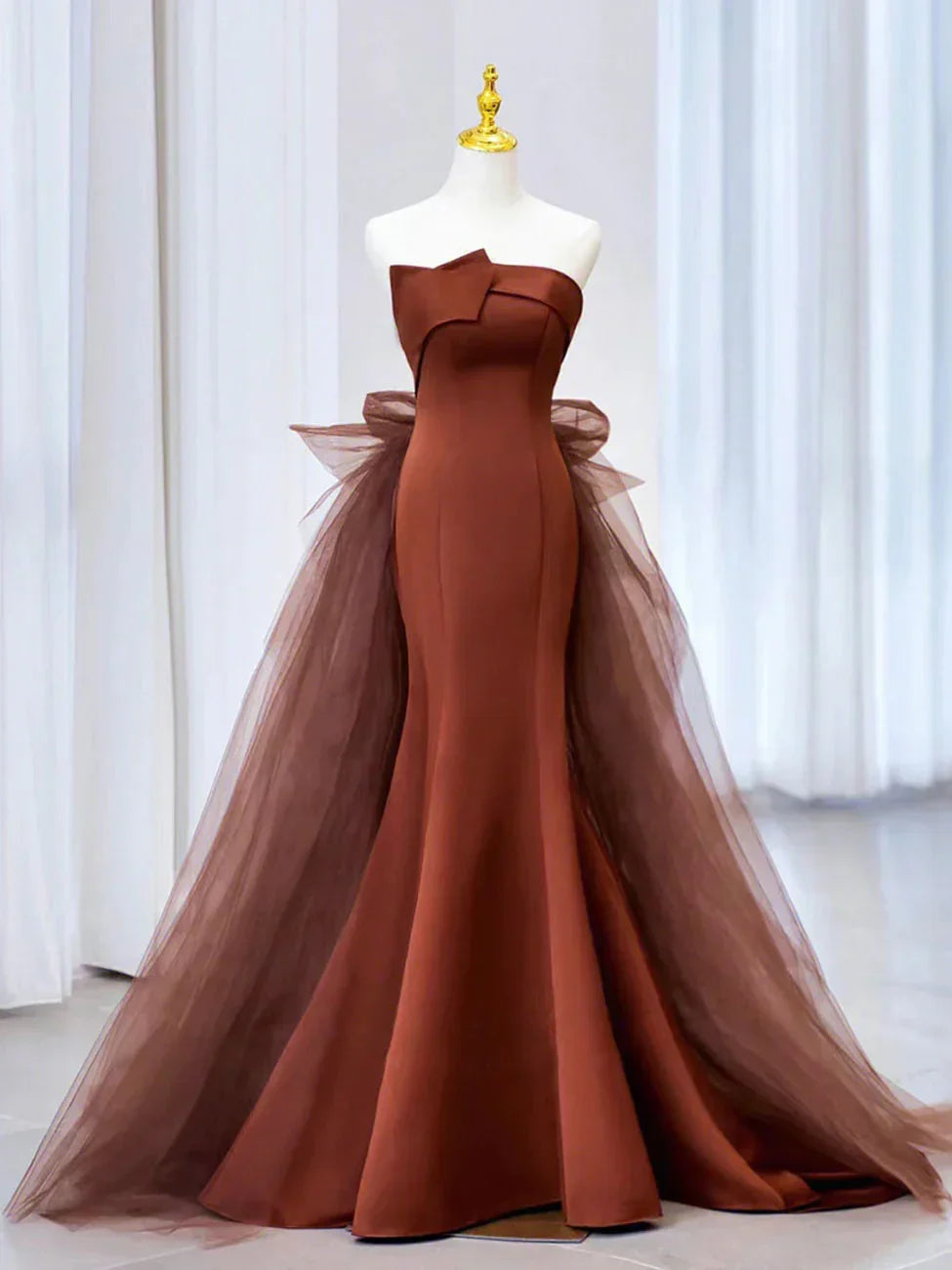 Brown Mermaid Satin Tulle Long Prom Dress, Brown Long Evening Dress HZ0319