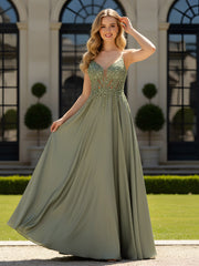 A-Line Floor Length Plunging V-Neck Open Back Dress Olive Green