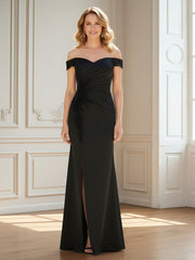 Off-the-shoulder Pleated Beaded Long Slit Gown Black