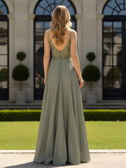 A-Line Floor Length Plunging V-Neck Open Back Dress Olive Green