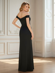 Off-the-shoulder Pleated Beaded Long Slit Gown Black