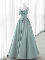 A-Line Sweetheart Neck Satin Beads Blue Long Prom Dress, Blue Formal Dress