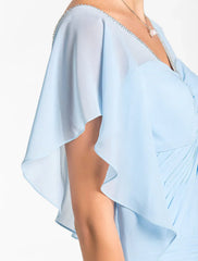 Mermaid / Trumpet Mother of the Bride Dress Vintage Inspired V Neck Floor Length Chiffon Short Sleeve with Beading Side Draping Crystal Brooch