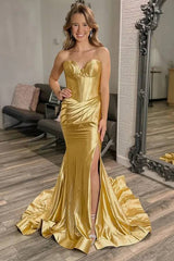 Sweetheart Golden Sheath Mermaid Prom Dress with Slit