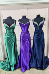 V Neck Fuchsia Satin Slit Cute Mermaid Prom Dresses