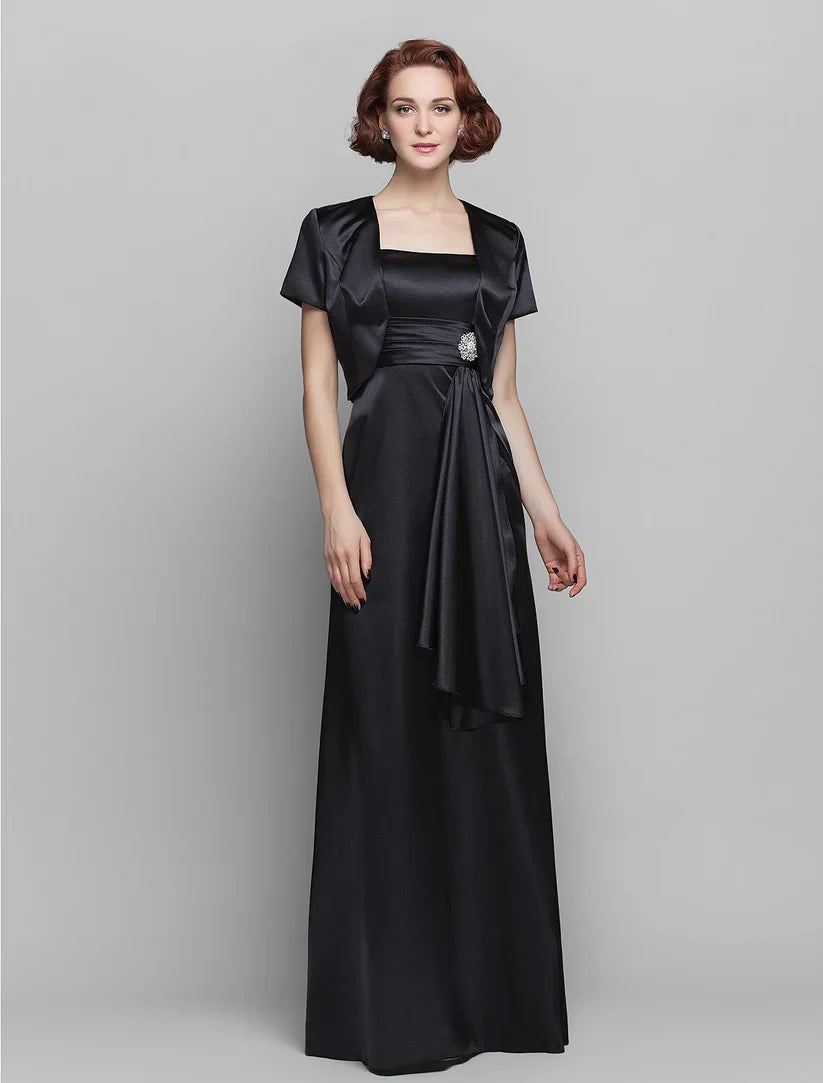 Sheath / Column Mother of the Bride Dress Wrap Included Spaghetti Strap Floor Length Stretch Satin Short Sleeve with Ruched Tassel Crystal Brooch