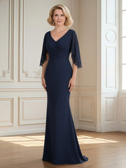 Pleated V-neck Lace Flutter Sleeves Mermaid Dress Dark Navy