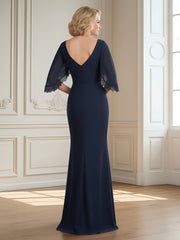 Pleated V-neck Lace Flutter Sleeves Mermaid Dress Dark Navy
