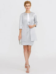 Sheath / Column Mother of the Bride Dress Formal Two Piece Jewel Neck Short / Mini Satin Short Sleeve yes with Lace Pleats