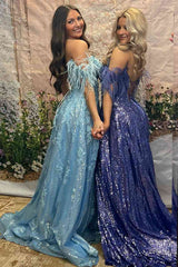 Light Blue Cold Sleeves Long Formal Dress with Appliques