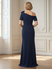 Flower One Shoulder Short Sleeves Bodycon Slit Dress Dark Navy