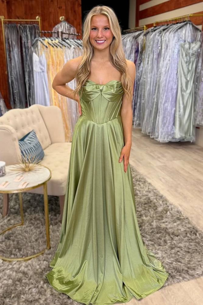 Pleated Strapless Corset Sage Green Satin Prom Dress