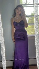 Sheath Spaghetti Straps Beautiful Purple Satin Long formal dresses Bridesmaid Dresses evening gown Prom Dress