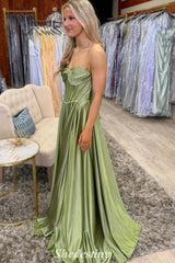 Pleated Strapless Corset Sage Green Satin Prom Dress