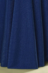 Navy Blue V-Neck Straps Gathered Long Bridesmaid Dress