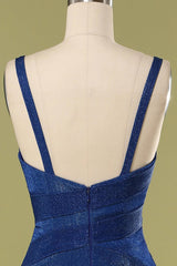 Navy Blue V-Neck Straps Gathered Long Bridesmaid Dress
