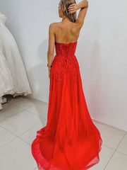 Red sweetheart neck tulle lace long prom dress, red evening dress
