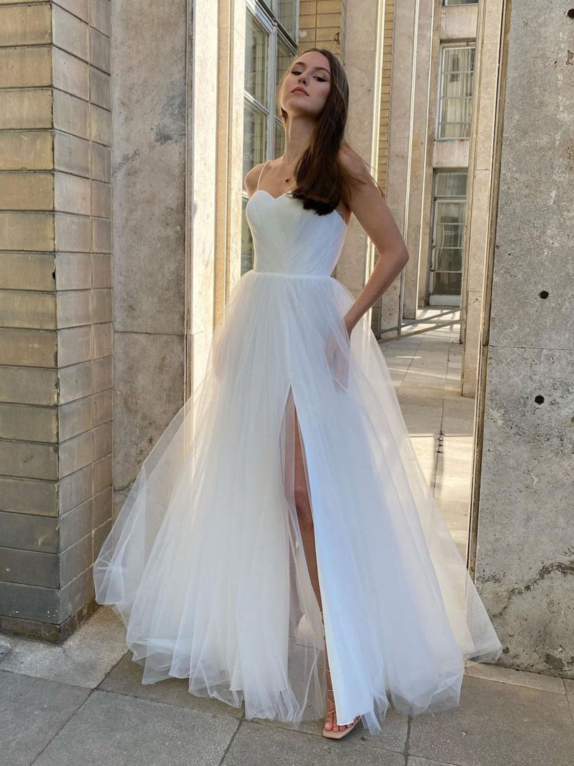 White sweetheart neck white long prom dress, white evening dress