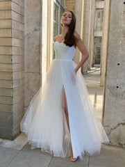 White sweetheart neck white long prom dress, white evening dress
