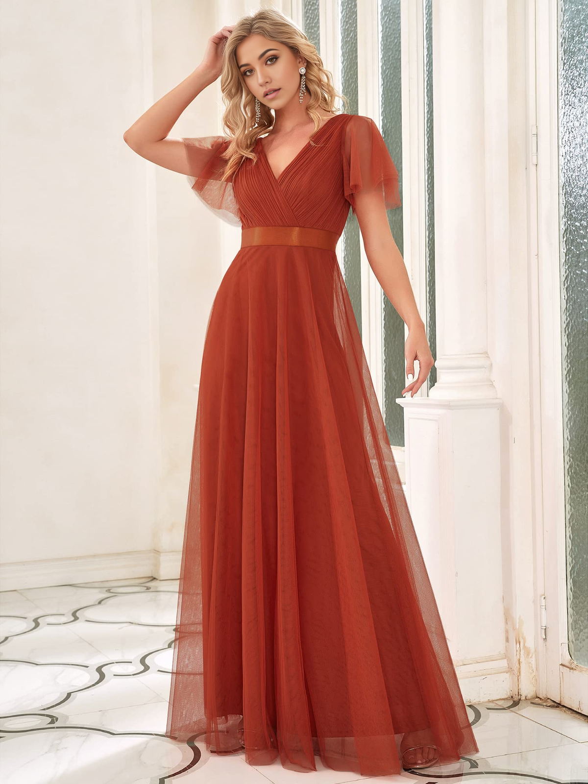 A-line Double V-Neck Empire Waist Front Wrap Tulle formal dresses Bridesmaid Dresses evening gown Mother of Bride Dress Prom Dress