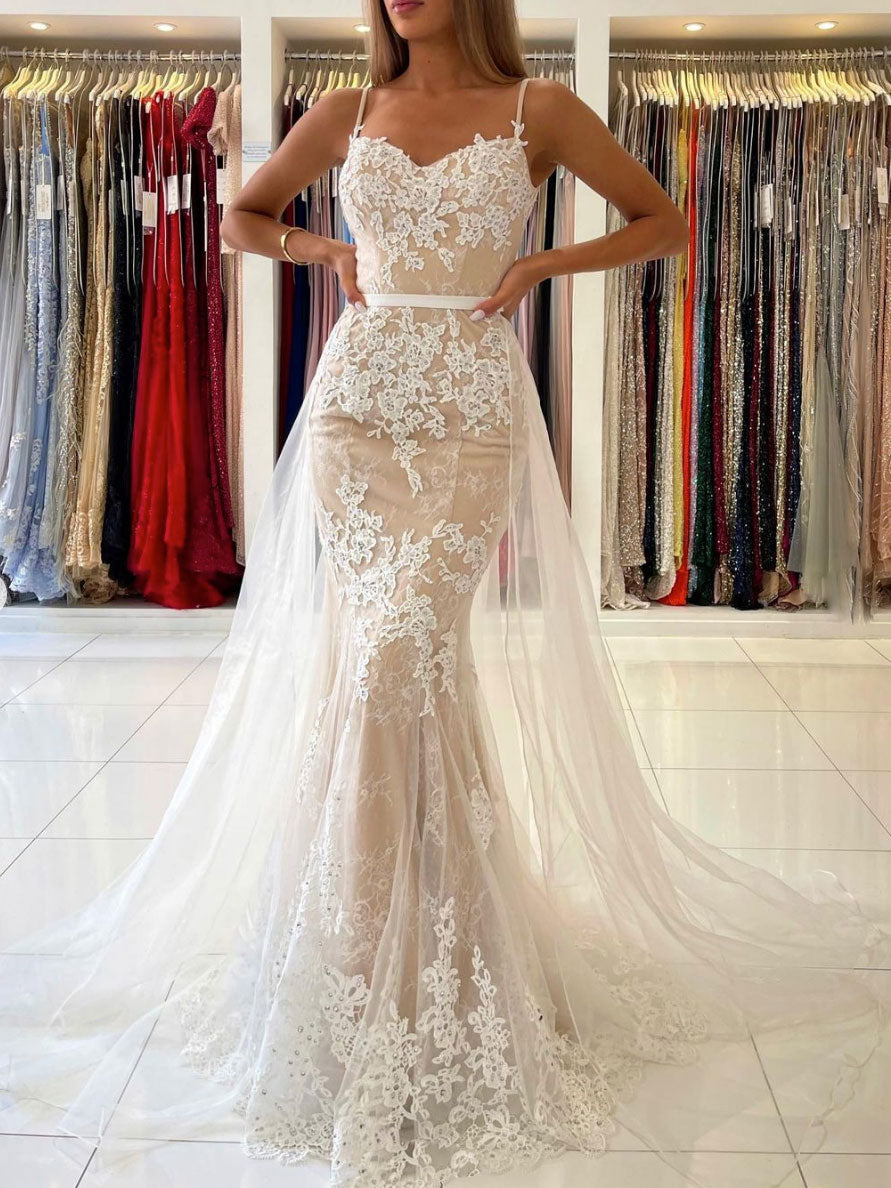 Champagne tulle lace mermaid long prom dress, lace evening dress