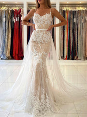 Champagne tulle lace mermaid long prom dress, lace evening dress