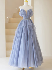 Gray purple tulle long prom dress, purple A line evening dress