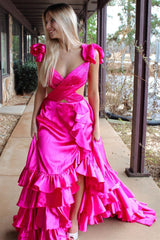 Red Cutout Ruffle A-Line Long Prom Dress with Slit