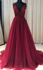 V Neckline Prom Dress Long , Evening Dress, Formal Dresses, Graduation School Party Dance Dress