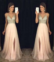 Deep V Neck Crystal Beaded Long Chiffon Prom Evening Dresses
