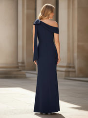 Pleated Bowknot One Shoulder Floor-Length Dress Dark Navy