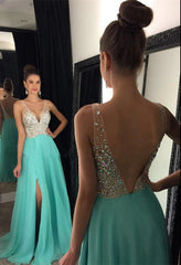 Deep V Neck Crystal Beaded Long Chiffon Prom Evening Dresses