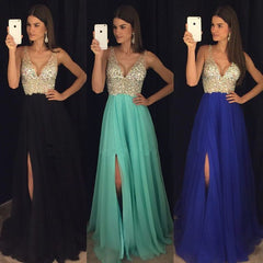Deep V Neck Crystal Beaded Long Chiffon Prom Evening Dresses