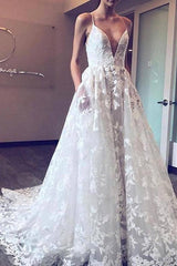 Long Spaghetti Strap A-line White Wedding Dress with Pockets