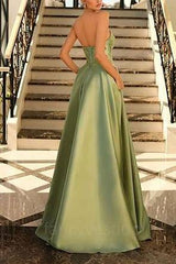 Elegant Sage Strapless Pleated  A-Line Satin Prom Dress
