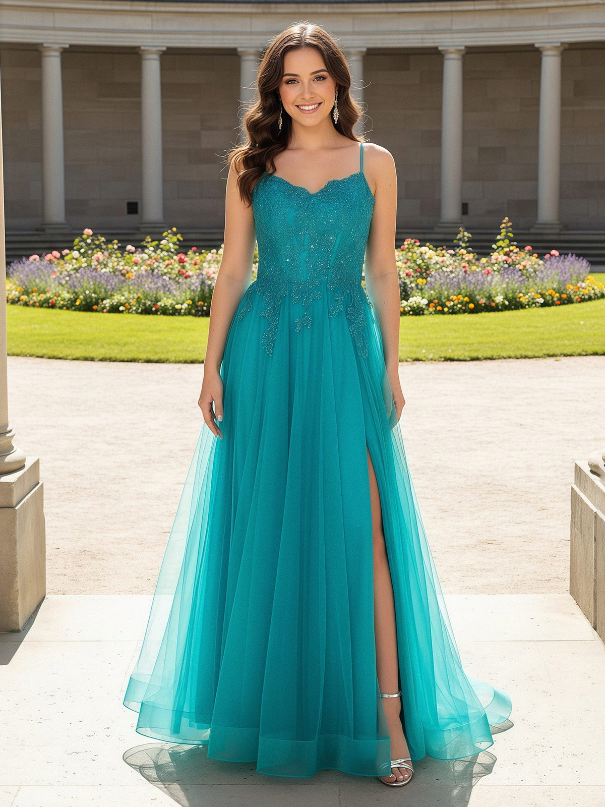 A-Line V-Neck Tulle Appliqued Slit Gown Jade