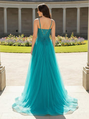 A-Line V-Neck Tulle Appliqued Slit Gown Jade