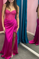 Strapless Fuchsia Applique Mermaid Prom Dresses with Slit