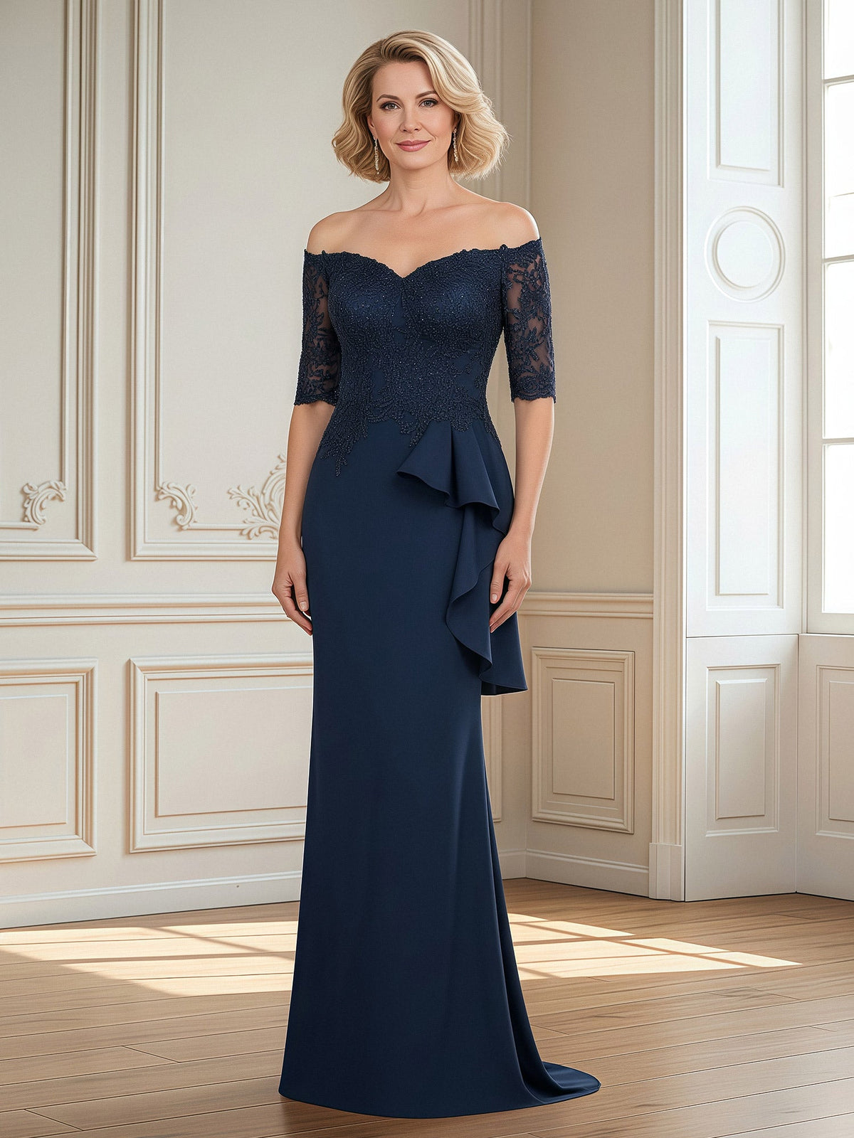 Off-the-shoulder Lace Sleeves Ruffle Mermaid Dress Dark Navy