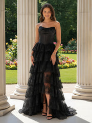 A-Line Strapless Lace Tulle Gown With Ruffle Black