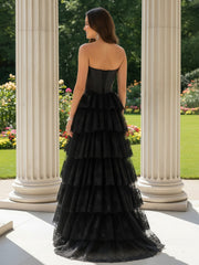 A-Line Strapless Lace Tulle Gown With Ruffle Black