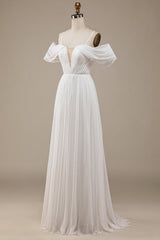 Ivory Simple A Line Off The Shoulder Boho Chiffon Ruched Wedding Dress Sexy