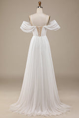Ivory Simple A Line Off The Shoulder Boho Chiffon Ruched Wedding Dress Sexy