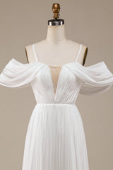 Ivory Simple A Line Off The Shoulder Boho Chiffon Ruched Wedding Dress Sexy